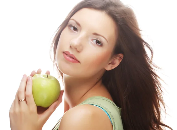Heureuse femme souriante à la pomme, isolée sur blanc — Photo
