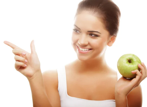 Testa di donna con mela in mano — Foto Stock