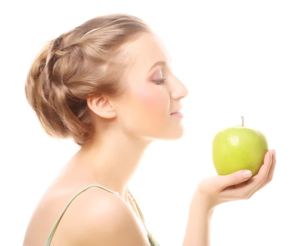 녹색 사과를 들고 있는 여자 — 스톡 사진