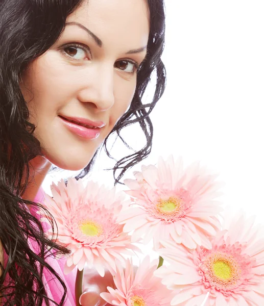 Jovem atraente cara de mulher com flores — Fotografia de Stock