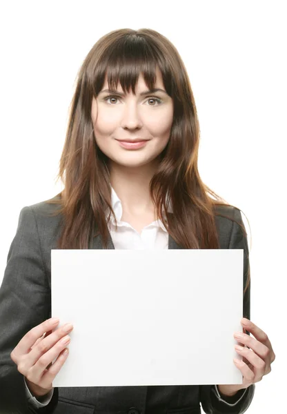 Geschäftsfrau hält weiße Tafel in der Hand — Stockfoto