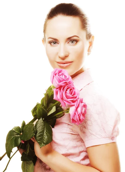 Mulher com rosas rosa — Fotografia de Stock