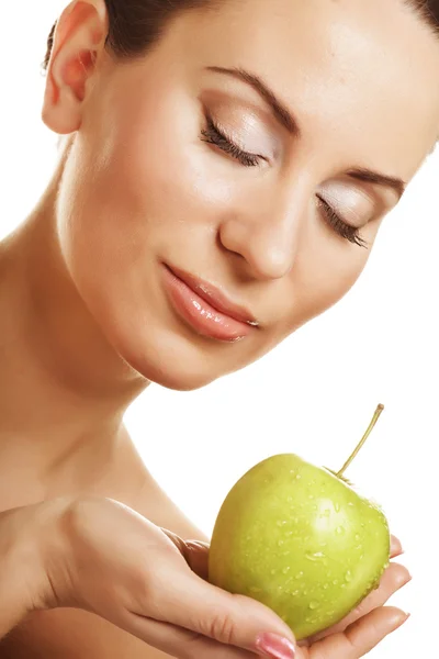 Mladá dáma se zeleným jablkem — Stock fotografie