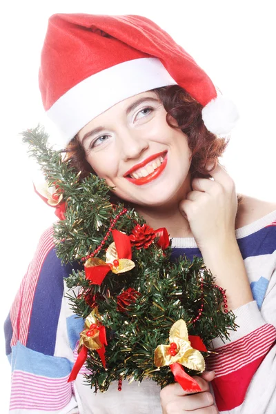 Santa woman holding tree — Stock Photo, Image