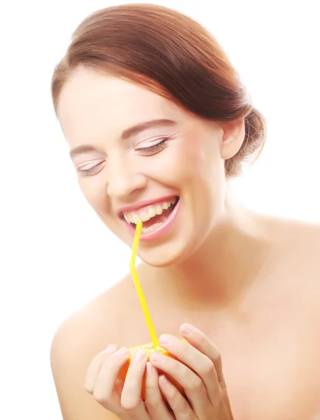 Woman drinking juice with straw — Stock Photo, Image