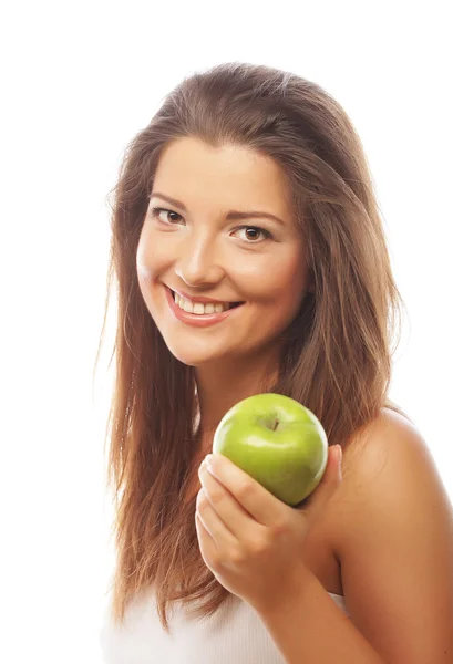 Gelukkig vrouw met groene appel — Stockfoto