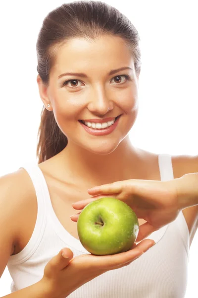 Vacker kvinna med grönt äpple — Stockfoto