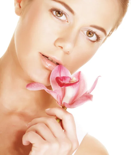 Hermosa mujer con flor rosa Imagen De Stock