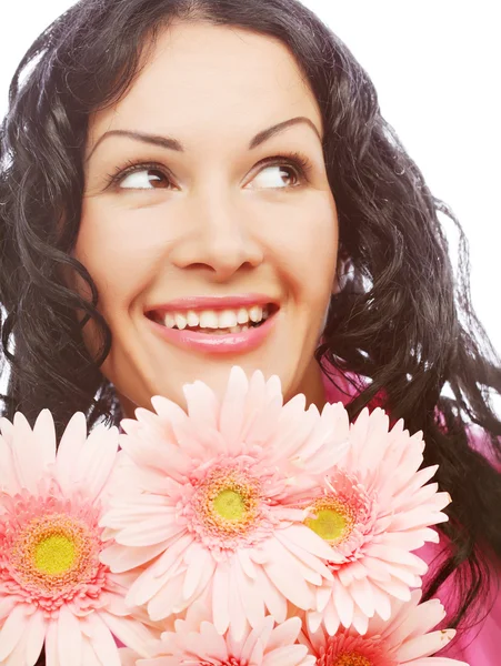 Jovem atraente cara de mulher com flores — Fotografia de Stock