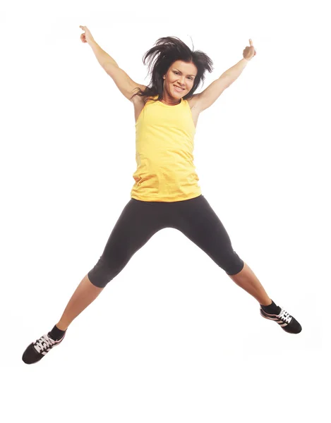 Fitness kadını sevinçten zıplıyor. — Stok fotoğraf