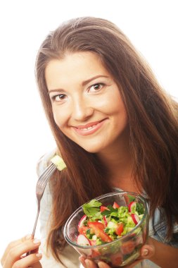 mutlu kadın salata yemek.