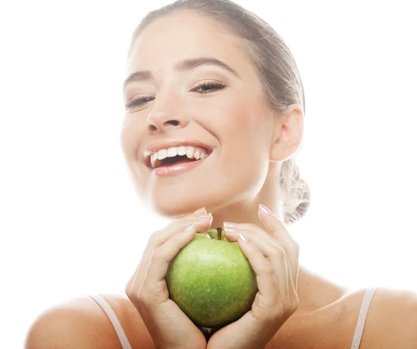 Joven feliz mujer sonriente con manzana verde — Foto de Stock