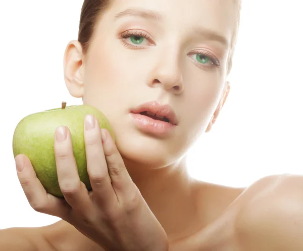 Head shot of woman holding apple — Stock Photo, Image