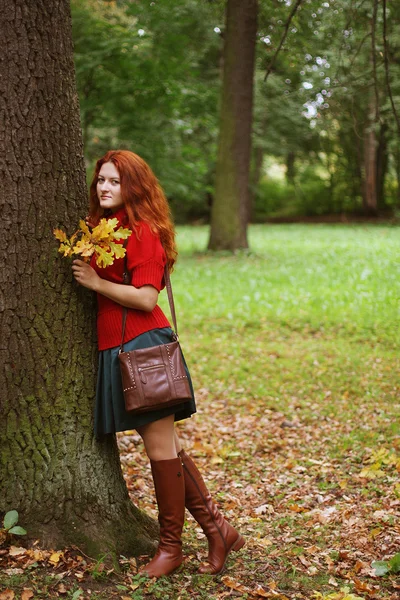 Sonbahar parkında yürüyen moda kadını. — Stok fotoğraf