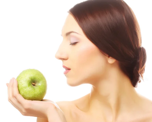 Young happy smiling woman with apple — Stock Photo, Image