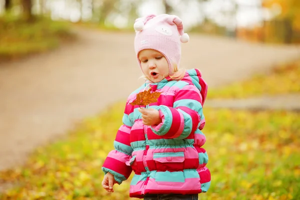 Happy kid in autumn park — Stock Photo, Image