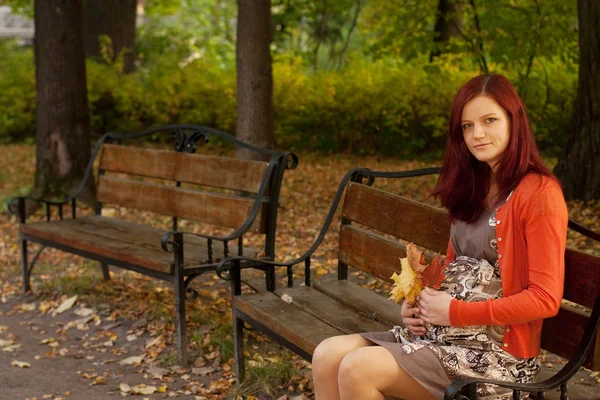 Donna incinta che cammina nel parco autunnale — Foto Stock