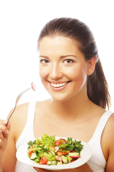 Donna con insalata su sfondo bianco — Foto Stock