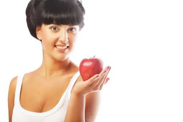 Mujer morena joven con manzana roja — Foto de Stock