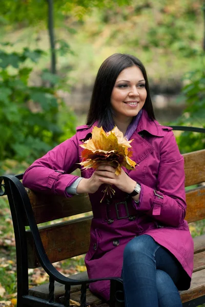 Young elegant woman with autumn leaves — Stock Photo, Image
