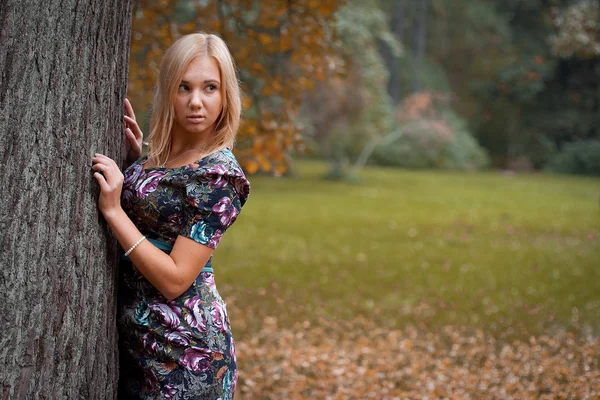 Mujer de moda caminando en el parque de otoño —  Fotos de Stock