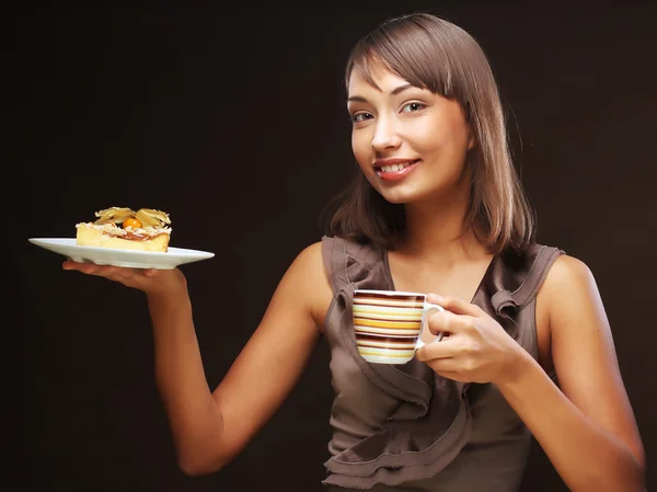 Donna con caffè e dessert — Foto Stock