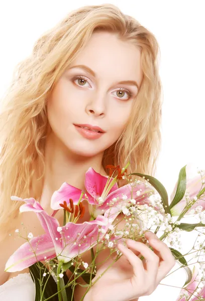 Frau mit rosa Blüten — Stockfoto