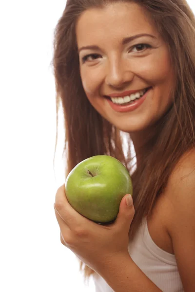 Gelukkig vrouw met groene appel — Stockfoto