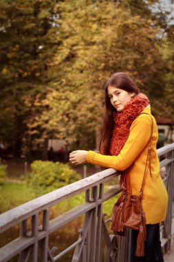 Güz Parkı 'nda köprüdeki moda kadını
