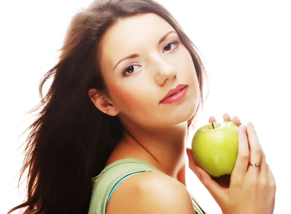 Glücklich lächelnde Frau mit Apfel, isoliert auf weiß — Stockfoto