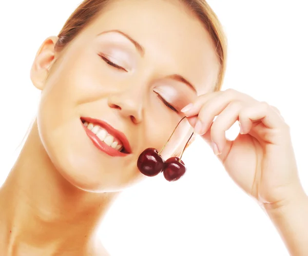 Woman with cherry isolated on white background — Stock Photo, Image