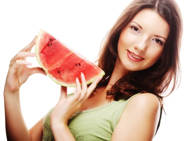Kvinna med vattenmelon redo att ta en tugga — Stockfoto