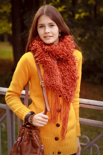 Mujer de moda en puente en el parque de otoño — Foto de Stock