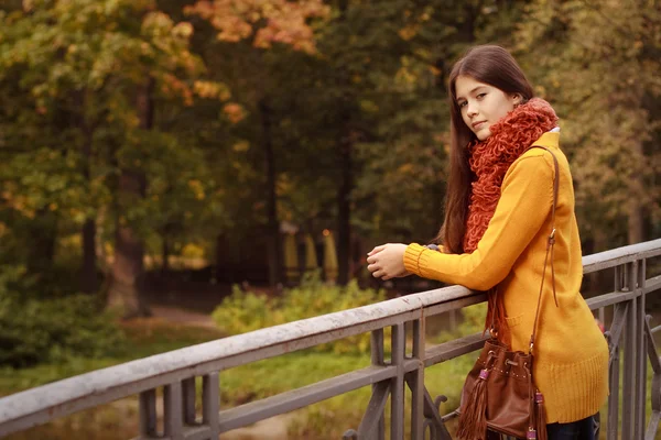 Modefrau auf Brücke im Herbstpark — Stockfoto