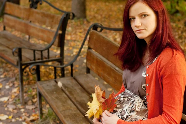 Mujer embarazada caminando en el parque de otoño — Foto de Stock