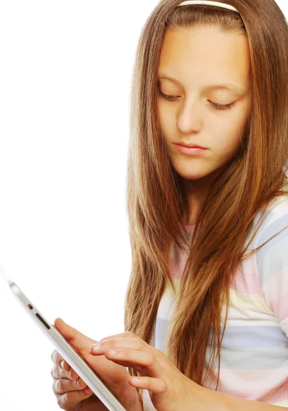 Girl working with the portable tablet computer — Stock Photo, Image