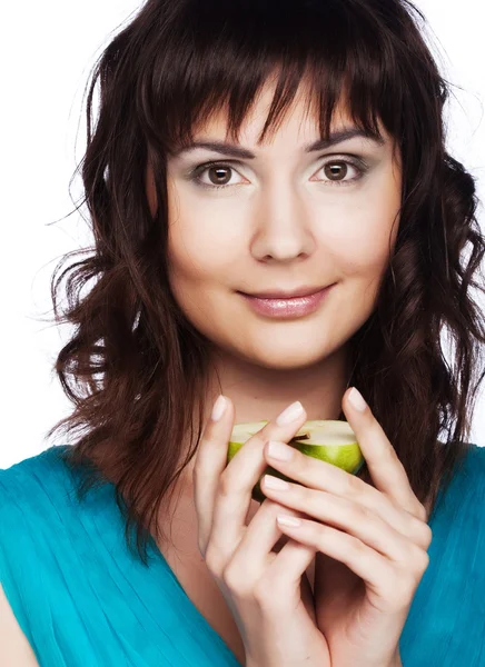 Frau mit grünem Apfel, auf weißem Hintergrund — Stockfoto