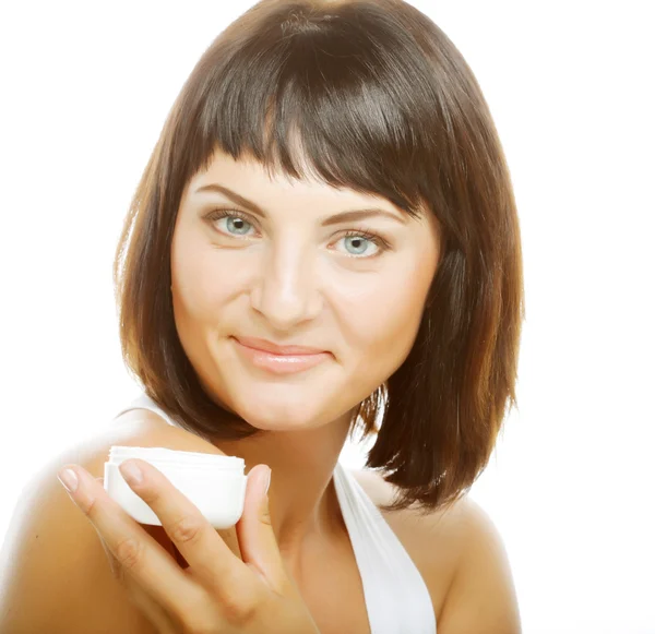 Portrait of beautiful woman with cream — Stock Photo, Image