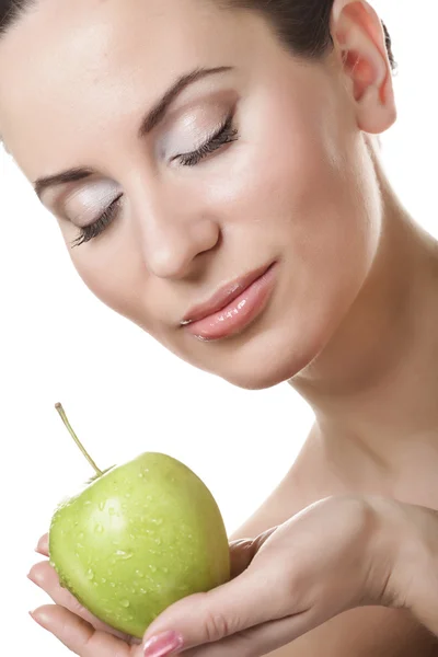 Jonge dame met groene appel — Stockfoto