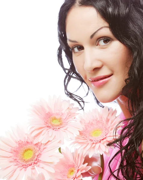 Jovem atraente cara de mulher com flores — Fotografia de Stock