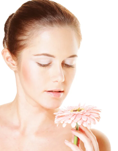 Girl with cloused eyes holding flower — Stock Photo, Image