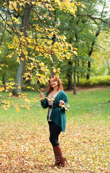 Sonbahar parkında yürüyen moda kadını. — Stok fotoğraf