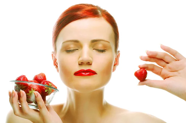 Beautiful happy smiling woman with strawberry — Stock Photo, Image