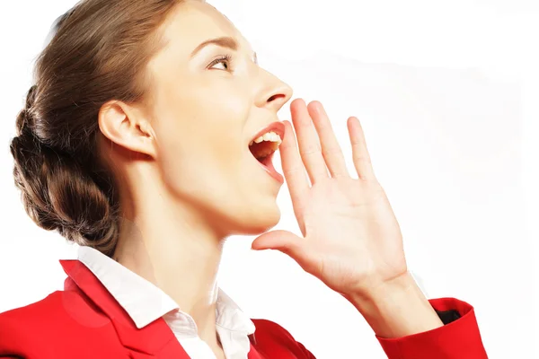 Bella donna d'affari facendo segno di silenzio — Foto Stock