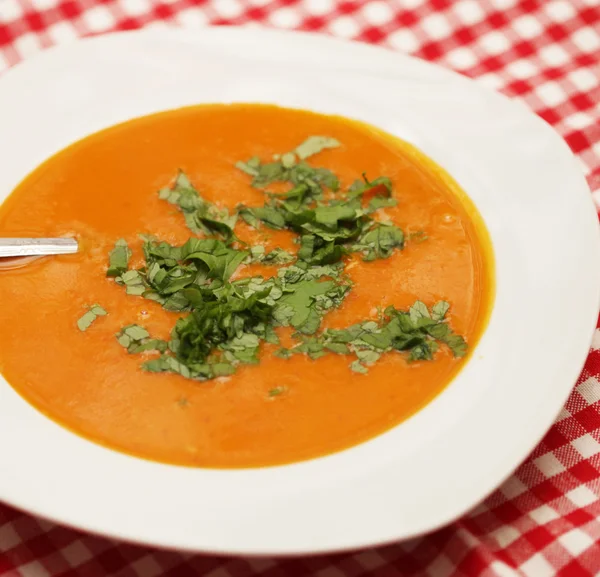 Pumpkin soup in white bowl — Stock Photo, Image