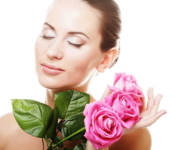 Woman with pink roses — Stock Photo, Image