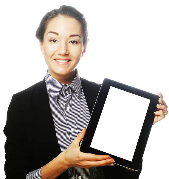Joven mujer de negocios mostrando tableta —  Fotos de Stock