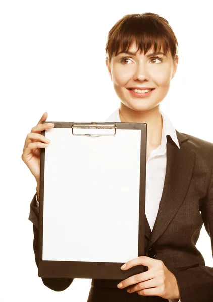 Businesswoman holding a blank white board Royalty Free Stock Images