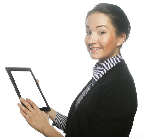 Isolated young business woman showing tablet — Stock Photo, Image