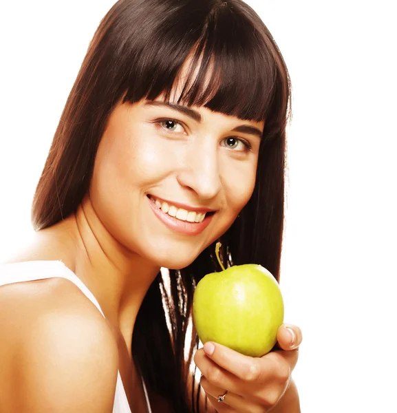 Ung glad leende kvinna med äpple — Stockfoto